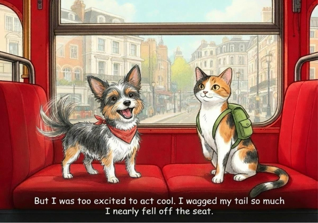 Flo and Lexi on the red bus seats